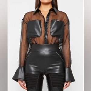 Maniere De Voir - Organza Bodysuit. BLACK